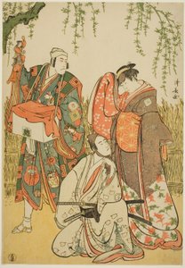 Aktorzy Ichikawa Yaozo III jako Shiragiku, Ichikawa Danjuro V jako lalkarz Dekurokubei i Sawamura Sojuro III jako Soga no Juro, w joruri „Shinobukoi Yanagi no Katsura Otoko”, wykonanym w Teatrze Nakamura w pierwszym miesiącu 1785 autorstwa Torii Kiyonaga