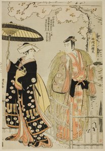 Aktorzy Sawamura Sojuro III jako Kusunoki Masatsura i Arashi Murajiro jako Ben no Naishi w shosa „Sode Furu Yuki Yoshino Shui” wystąpili w Teatrze Nakamura w jedenastym miesiącu 1786 autorstwa Torii Kiyonaga