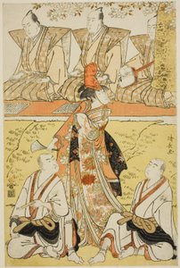 Aktorzy Segawa Kikunojo III jako Koito, Sawamura Sojuro III jako mnich Sainenbo i Ichikawa Monnosuke II jako mnich Renseibo, w shosa „Mata Saku Hana Museume Dojoji” wystąpili w Teatrze Nakamura w czwartym miesiącu 1783 r. autorstwa Torii Kiyonaga