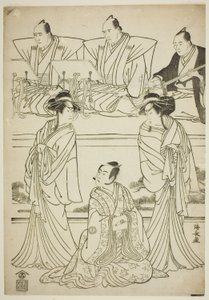 Aktorzy Segawa Kikunojo III jako duch Yatsuhashi, Sawamura Sojuro III jako Soga no Juro i Ichikawa Danjuro V jako duch Seigen, w sztuce „Sono Omokage Matsu ni Sakura” wystawionej w Teatrze Nakamura w pierwszym miesiącu, 1783 autorstwa Torii Kiyonaga