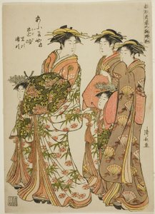The Courtesan on Pa The Courtesan Toji of the Ogiya z jej asystentami Satoji i Uraji, z serii „Models for Fashion: New Designs as Fresh as Young Leaves (Hinagata wakana no hatsu moyo)”, rade w Yoshiwara w towarzystwie jej Kamuro i przez ten autorstwa Torii Kiyonaga