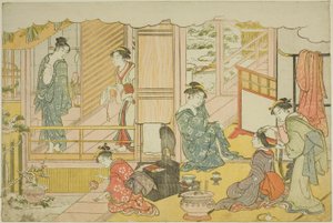 Pierwsza kąpiel sylwestrowa (Yudono hajime), z ilustrowanej książki „Kolory potrójnego świtu (Saishiki mitsu no asa)” autorstwa Torii Kiyonaga