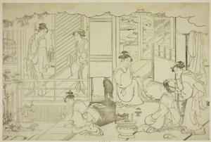 Pierwsza kąpiel sylwestrowa (Yudono hajime), z ilustrowanej książki „Kolory potrójnego świtu (Saishiki mitsu no asa)” autorstwa Torii Kiyonaga