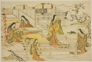 Pierwsza Kaligrafia Nowego Roku (Kissho hajime), z ilustrowanej książki „Kolory potrójnego świtu (Saishiki mitsu no asa)” autorstwa Torii Kiyonaga