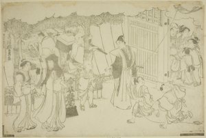 Pierwszy dzień biznesu (Akinai hajime), z ilustrowanej książki „Kolory potrójnego świtu (Saishiki mitsu no asa)” autorstwa Torii Kiyonaga
