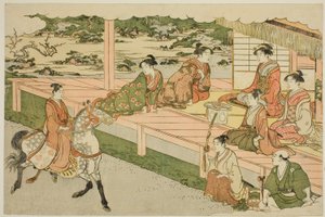 Pierwsza przejażdżka konna Nowego Roku (Uma norizome), z ilustrowanej książki „Kolory potrójnego świtu (Saishiki mitsu no asa)” autorstwa Torii Kiyonaga