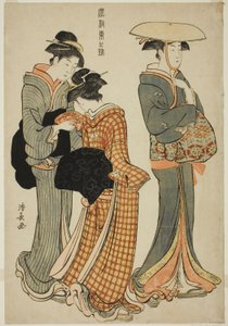 Dwie kobiety i pokojówka, z serii „Brokat wschodnich manier (Fuzoku Azuma no nishiki)” autorstwa Torii Kiyonaga