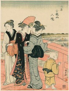 Oglądanie Festiwalu Wody z mostu Azuma z cyklu „Osiem dzielnic świątyni Kinryuzan w Asakusa (Asakusa Kinruzan hakkei)” autorstwa Torii Kiyonaga