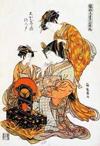 Kobieta przed lustrem podczas czesania włosów, grafika ukiyo-e autorstwa Torii Kiyonaga (1751-1815), drzeworyt, cywilizacja japońska, okres Edo autorstwa Torii Kiyonaga