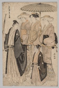 Kobieta Yoshiwary i Attendants (z cyklu Brocades of the East in Fashion) autorstwa Torii Kiyonaga