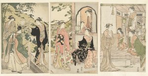 Yoshitsune śpiewający serenady Joruri hime autorstwa Torii Kiyonaga