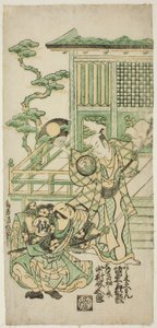 Aktorzy Bando Hikosaburo I jako Araki Shozaemon i Nakamura Sukegoro I jako Daidoji Tahatanosuke w sztuce „Chigozakura Futabajikki”, wystawionej w Teatrze Ichimura w dziesiątym miesiącu 1746 r.