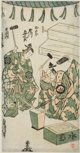 Aktorzy Fujikawa Heikuro jako Masamune i Matsushima Kichisaburo jako Rai Kunitsugu w sztuce „Shin Usuyuki Monogatari”, wystawionej w Teatrze Nakamura w szóstym miesiącu 1746 r. autorstwa Torii Kiyonobu II