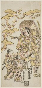 Aktorzy Ichikawa Ebizo II jako Musashibo Benkei, Sakata Shintaro (?) jako Soga no Goro i Takigawa Kinya (?) jako Soga no Juro w sztuce „Sazareishi Suehiro Genji”, wystawionej w Teatrze Nakamura w pierwszym miesiącu 1744 roku autorstwa Torii Kiyonobu II