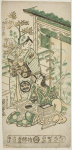 Aktorzy Ichimura Uzaemon VIII jako Oguri Hangan i Segawa Kikunojo I jako Terute no Mae w sztuce „Mangetsu Oguri Yakata”, wystawionej w Teatrze Ichimura w ósmym miesiącu 1747