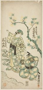 Aktorzy Ichimura Uzaemon VIII jako Taira no Koremochi i Arashi Koroku jako Makomo no Mae w sztuce „Shusse Momijigari” wystawionej w Teatrze Ichimura w jedenastym miesiącu 1747 autorstwa Torii Kiyonobu II