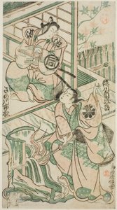 Aktorzy Sanogawa Ichimatsu I jako Ike no Shoji i Segawa Kikujiro I jako Hitachi Kohagi w sztuce „Mangetsu Oguri Yakata”, wystawionej w Teatrze Ichimura w ósmym miesiącu 1747