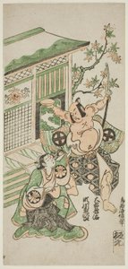 Aktorzy Segawa Kikujiro I jako żona Nobutsury Karumo i Otani Oniji I jako Tahara Matataro w sztuce "Shusse Momijigari" wystawionej w teatrze Ichimura w jedenastym miesiącu 1747 roku. autorstwa Torii Kiyonobu II