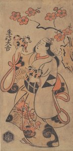 Aktor Ikushima Daikichi jako kobieta stojąca pod drzewem Ume, ca. 1705.