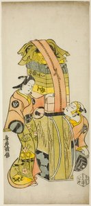 Aktorzy Ichikawa Danjuro II jako Kamada Matahachi i Ichikawa Monnosuke I jako Hisamatsu w sztuce „Osome Hisamatsu Shinju Tamoto no Shirashibori”, wystawionej w Teatrze Morita, 1720