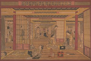Widok wnętrza w Yoshiwara, ca. początek lat czterdziestych XVIII wieku.