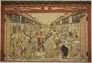 Brama główna, Nowa Yoshiwara, ok. 1745 (ręcznie kolorowany drzeworyt; toku-oban yoko-e, beni-e)