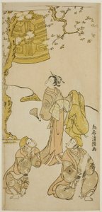 Aktorzy Segawa Kikunojo II, Ichikawa Komazo II i Arashi Otohachi I w sztuce „Fude Hajime Soga no Tamazusa” wystawionej w Teatrze Nakamura w pierwszym miesiącu 1768 r.