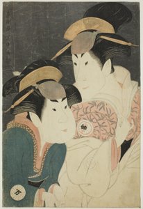 Aktorzy Segawa Tomisaburo II (R) jako Yadorigi, żona Ogishi Kurando, i Nakamura Manyo (L) jako służący Wakakusa autorstwa Toshusai Sharaku
