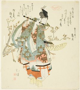 Minamoto no Yoshitsune (Ushiwaka Maru) grający na flecie