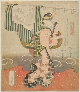 Kobieta trzymająca filiżankę sake przed zasłoną i udrapowane kimono z Pięciu Prześcieradło do oglądania kwiatów autorstwa Totoya Hokkei