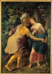 Pożegnanie wojownika z królową lub „Hyanthe (Hyante) witany przez Francusa” lub „Tancrede i Herminie”” - Obraz All Saints Dubreuil (1561-1602)
