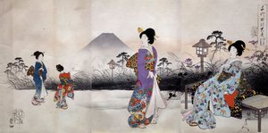 Japońskie kobiety spacerujące przed górą Fuji Japońska grafika Toyohara Chikanobu (1838-1912) 1896 Kolekcja prywatna