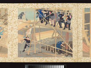 Rzemieślnicy, piękno i coroczne wydarzenia autorstwa Toyohara Kunichika