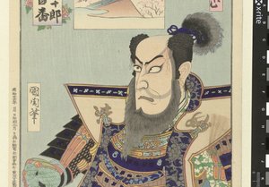 Ichikawa Danjuro IX jako Kato Kiyomasa Kato Kiyomasa (tytuł na obiekcie) Honderd rollen van Ichikawa Danjuro IX (tytuł serii) Ichikawa Danjuro engei hyakuban (tytuł serii na obiekcie) autorstwa Toyohara Kunichika