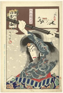 Ichikawa Danjuro IX jako Kyumonryo Shishin Kyumonryo Shishin (tytuł na obiekcie) Honderd rollen van Ichikawa Danjuro IX (tytuł serii) Ichikawa Danjuro engei hyakuban (tytuł serii na obiekcie)