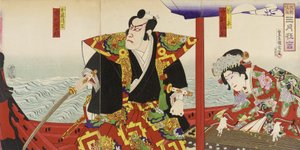 Ichikawa Danjūrō i Nakamura Fukusuke w rolach Katō Kiyomasy i Hinakinu autorstwa Toyohara Kunichika