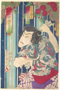 Wyimaginowany portret, sceniczny Shuihuzhuan: Tōryūdai (Mitate Suikoden Tōrōdai) - aktor Onoe Kikugorō jako Kumon no Ryūkichi autorstwa Toyohara Kunichika