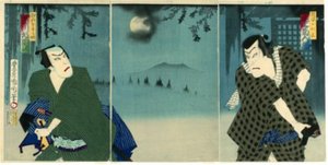 Onoe Kikugorō V jako Daiba no Jinzō i Ichikawa Sadanji I jako Itamiya Jubei autorstwa Toyohara Kunichika