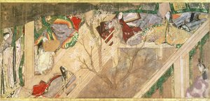 „Opowieść o Genji” („Genji Monogatari”) X-wieczna powieść o romantycznym życiu księcia Genjiego, ilustracja autorstwa Hikokuniego Tokugawy II (fl.1821-24), wyd. 19 wiek autorstwa Toyokawa Hikokuni