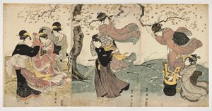 Sztuka japońska: Kwiaty na wietrze (scena z kobietami i mężczyzną zawieszającymi serpentyny na gałęziach drzewa) - Grafika Utagawa Toyokuni (1769-1825) linoryt (37,8x75,9), ok. 1797-1800 - Akademia Sztuk Pięknych w Honolulu