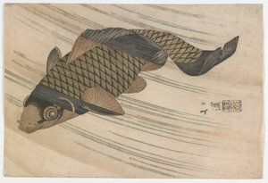 Carp Swimming Upstream, okres Edo, połowa lat 20. XIX wieku (kolorowy drzeworyt)