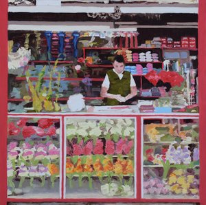 Stragan z kwiatami (Bogota, Kolumbia), 2016 (olej na płycie) autorstwa Trevor Burgess