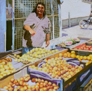 Sprzedawca owoców (San Juan, Argentyna), 2016 (olej na płycie) autorstwa Trevor Burgess