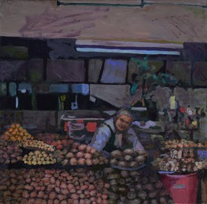Stragan z ziemniakami (Quito, Ekwador), 2015 (olej na płycie) autorstwa Trevor Burgess
