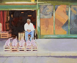 Sprzedaż czosnku (San Juan, Argentyna), 2016 (olej na płycie) autorstwa Trevor Burgess