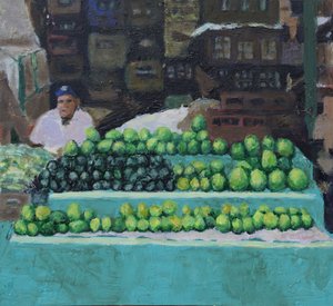 Sprzedaż mango i awokado (Bogota, Kolumbia), 2016 (olej na płycie) autorstwa Trevor Burgess