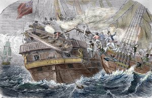Zdobycie Kentu” przez francuskiego korsarza Roberta Surcoufa (1773-1827) na statku „La Confidence”” w dniu 7.10.1800 w Zatoce Bengalskiej” (Walka między francuskim Confidence (Robert Surcouf) a HMS Kent w zatoce Bengalskiej, 7 października 1800) autorstwa Trichon (after)