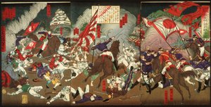 Kronika podboju Kagoshimy: bitwa wokół zamku Kumamoto autorstwa Tsukioka Yoshitoshi