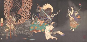 Fudo Myoo Threatening a Novice, 1885. autorstwa Tsukioka Yoshitoshi