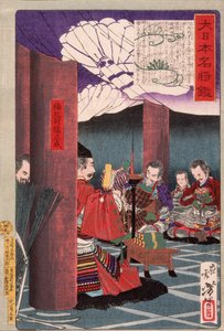 Kusunoki Masashige czyta swoim żołnierzom w świątyni Shitennōji autorstwa Tsukioka Yoshitoshi